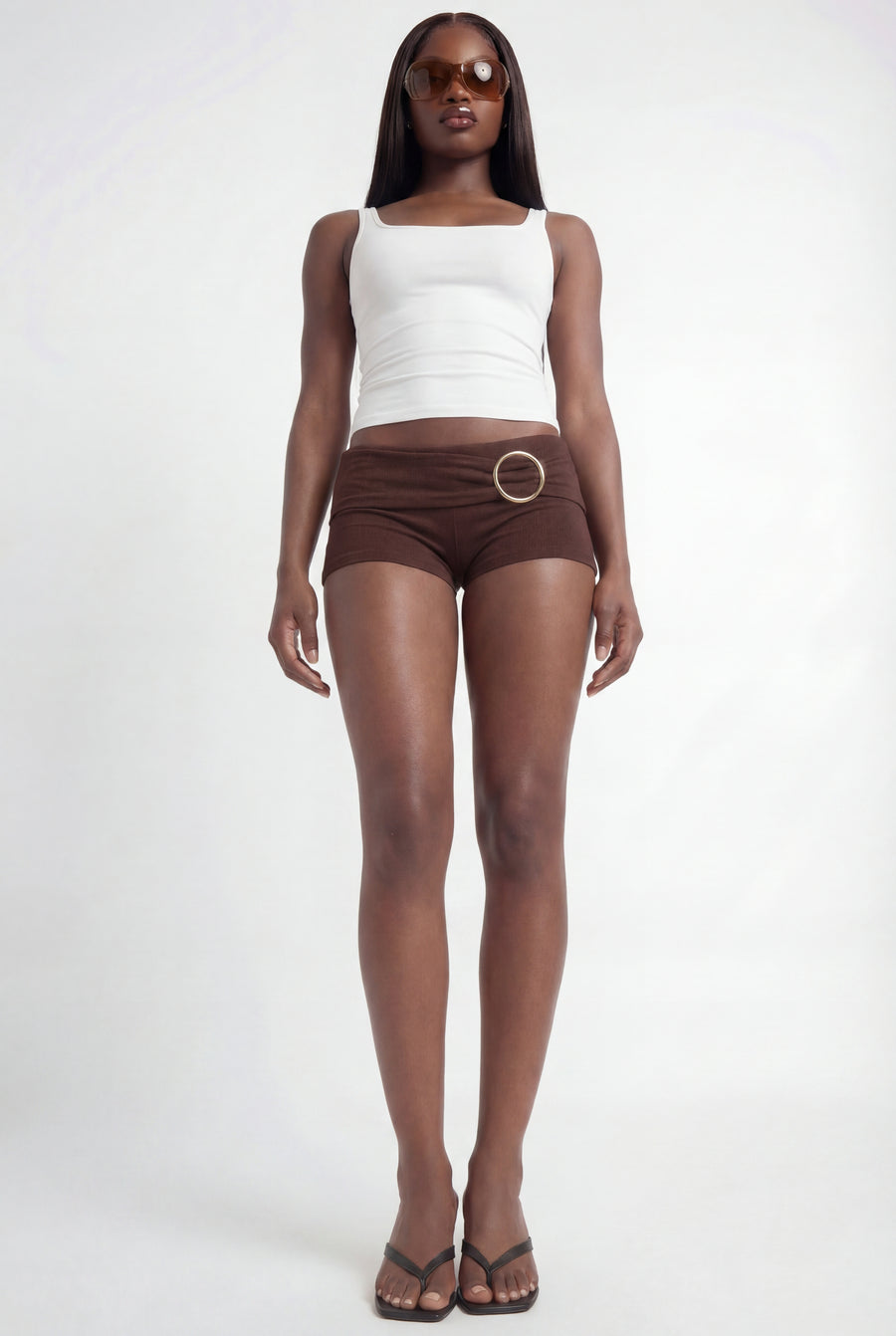 Brown Ring-Buckle Mini Shorts