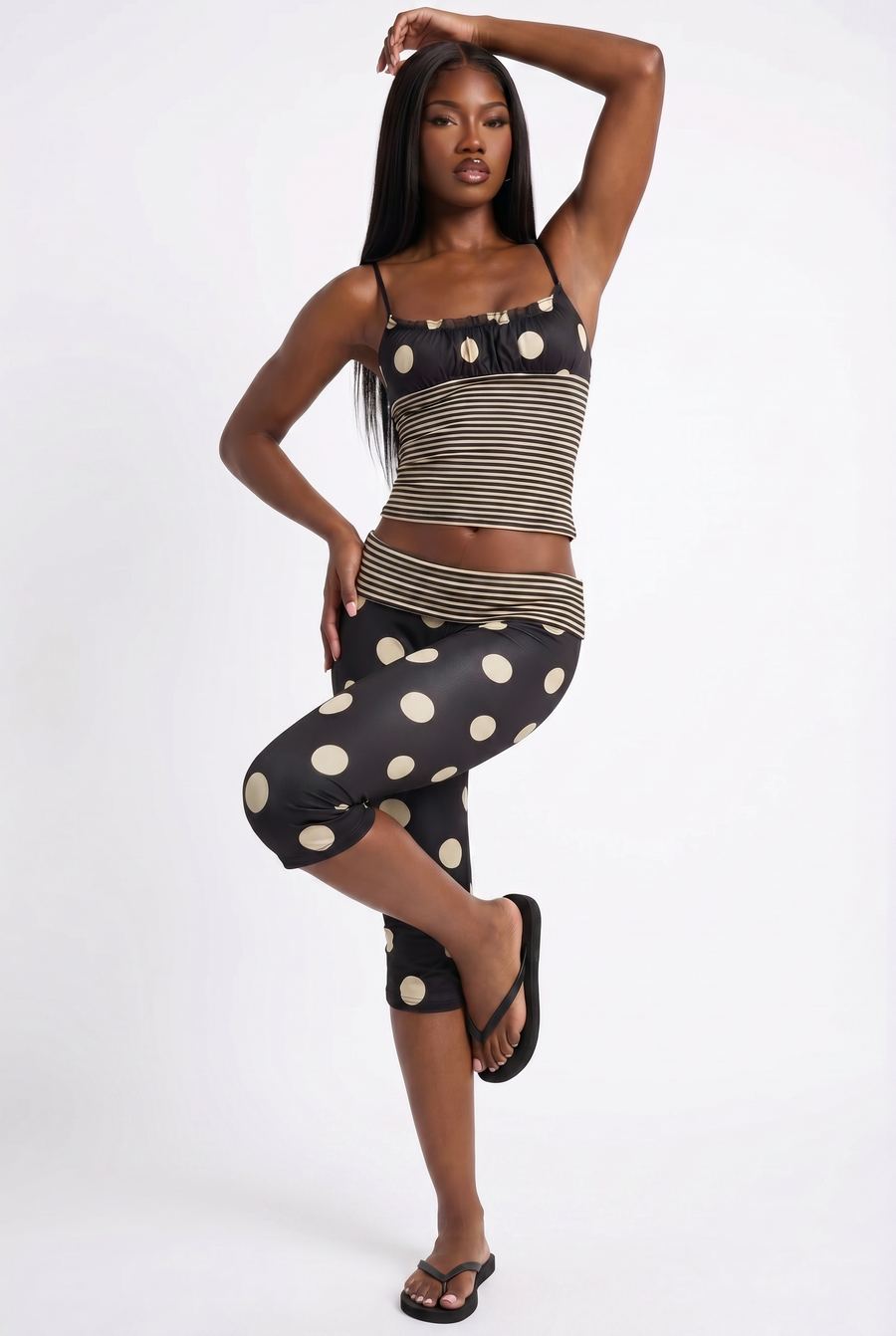 Black & Beige Polka Dot Capri Pants