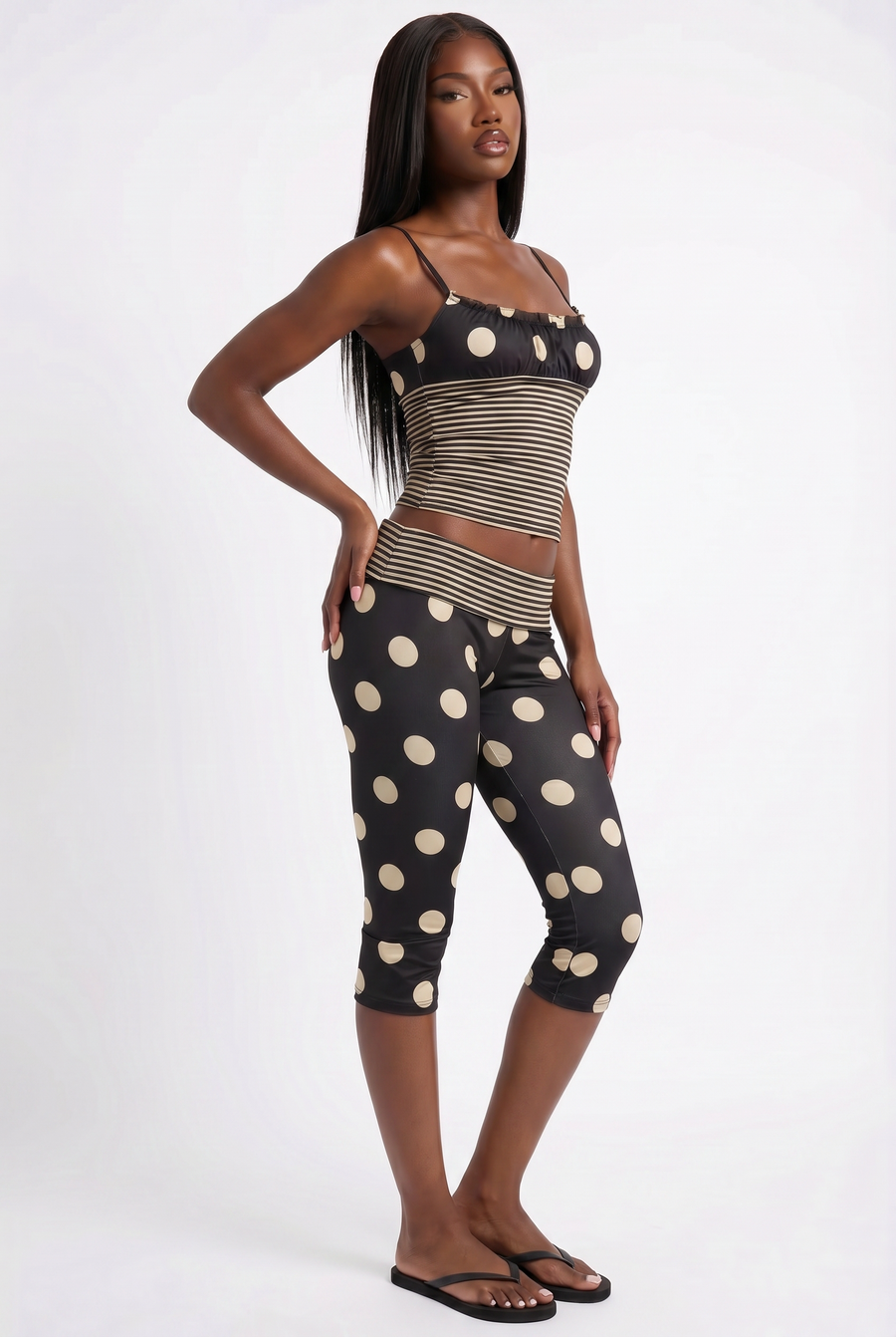 Black & Beige Polka Dot Capri Pants