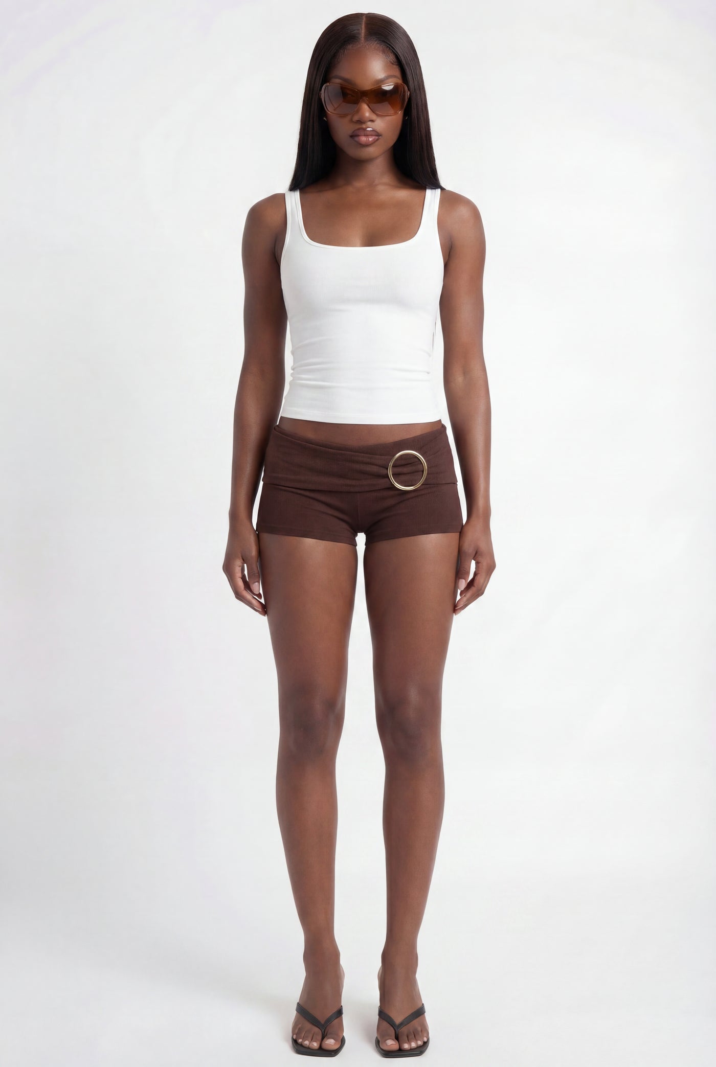 Brown Ring-Buckle Mini Shorts
