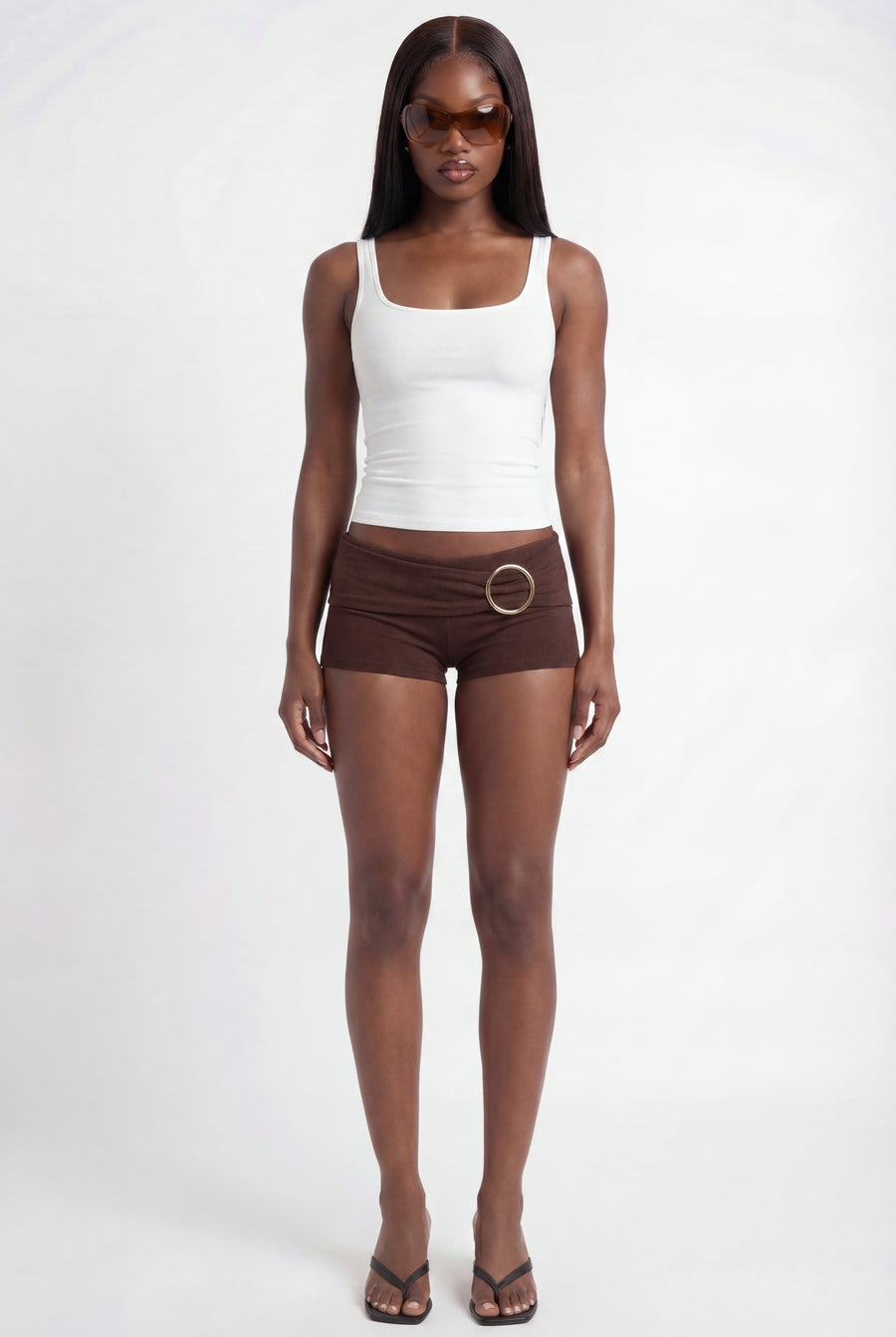 Brown Ring-Buckle Mini Shorts
