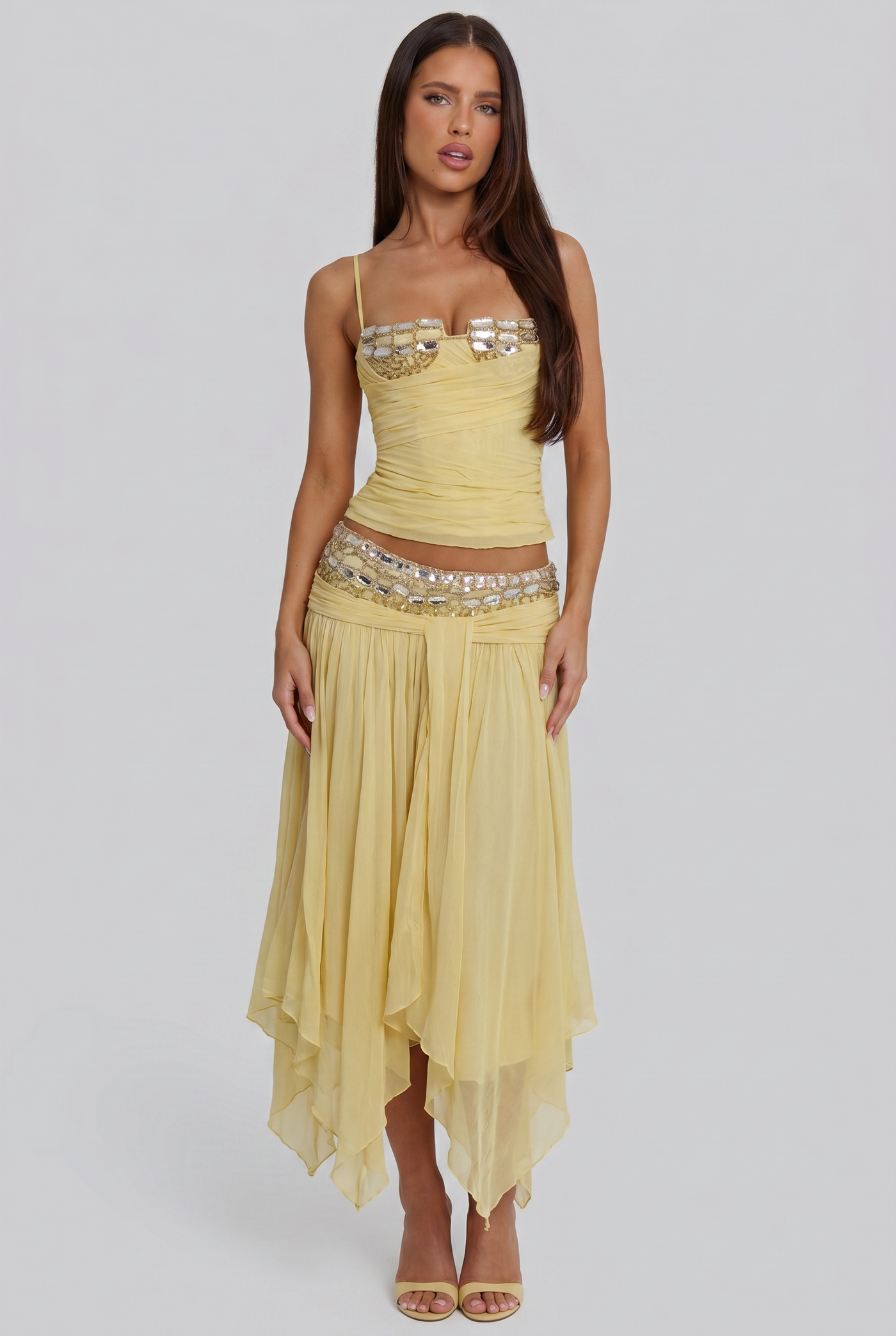 Yellow Sequin Trim Midi Skirt