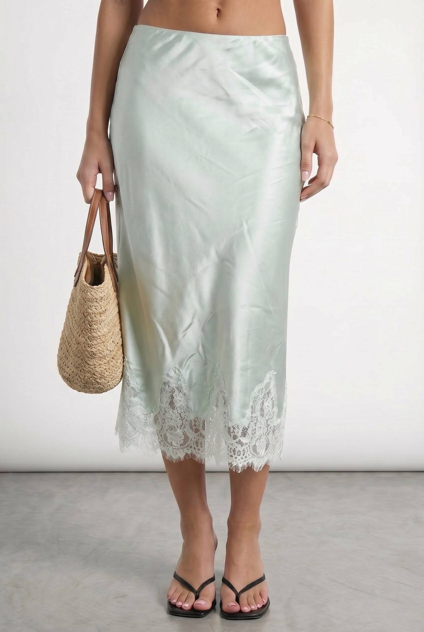 Sage Satin Lace Hem Midi Skirt