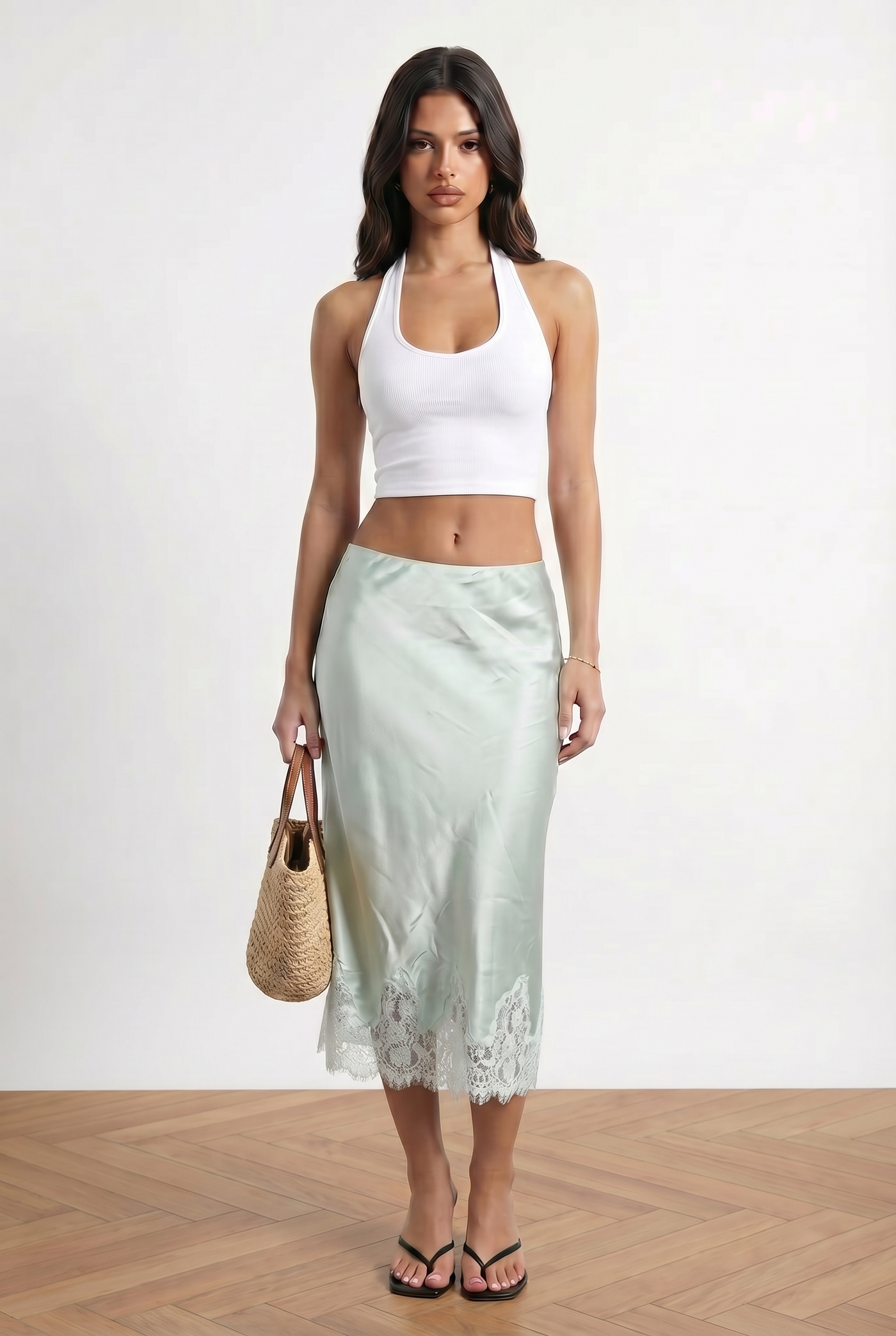 Sage Satin Lace Hem Midi Skirt