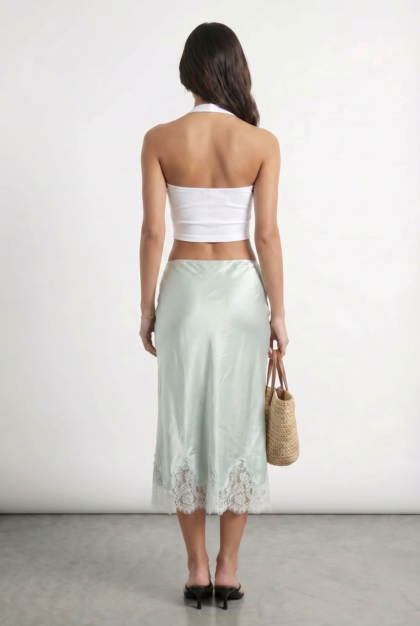 Sage Satin Lace Hem Midi Skirt